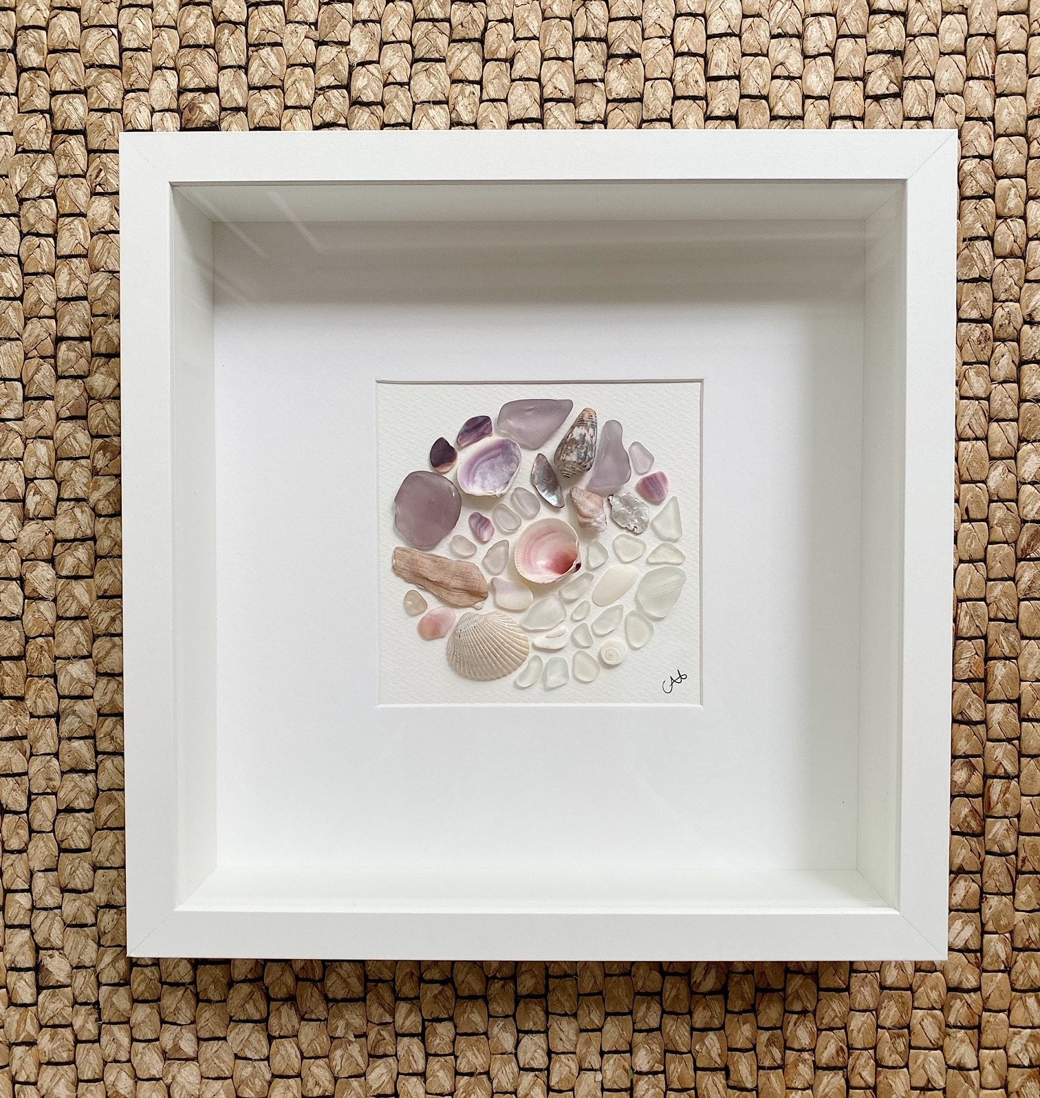 Lavender Sea Glass Art Circle In Shadow Box Frame Omg Seaglass Designs