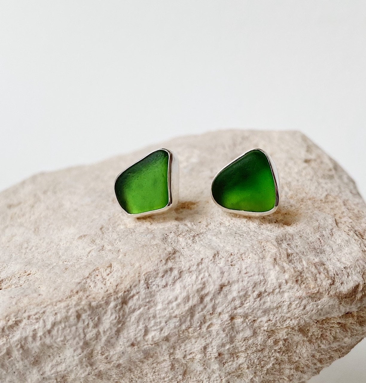 Emerald Green Sea Glass Stud Earrings, English Sea Glass, Fine store Silver